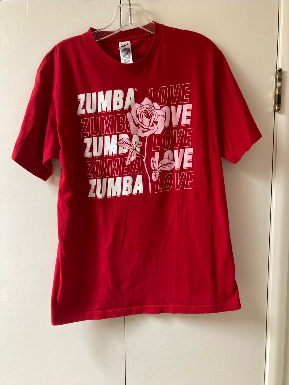 Zumba Fitness Red Tee with White Rose & Repeat Logo